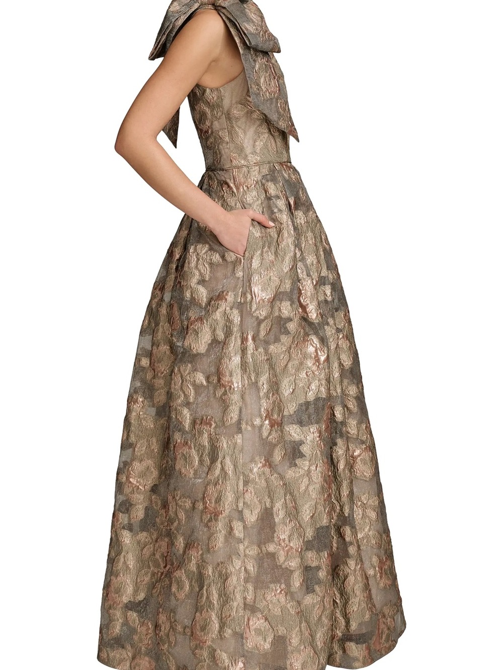 One-Shoulder Metallic Jacquard Gown - Picture 2 of 7